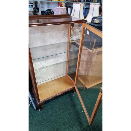 506 - Narrow cherry wood display cabinet with two glass shelves in excellent clean condition with no damag... 