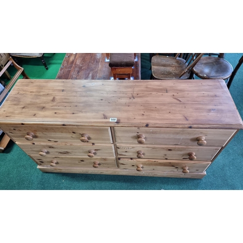 508 - Solid pine 6 drawer wide chest drawers with bun handles  good quality with dove tail joints & solid ... 