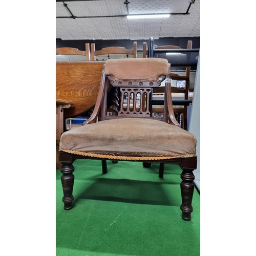 493 - Antique Victorian bedroom chair in clean order. Measures 70cm height, 48cm length, 49cm width.