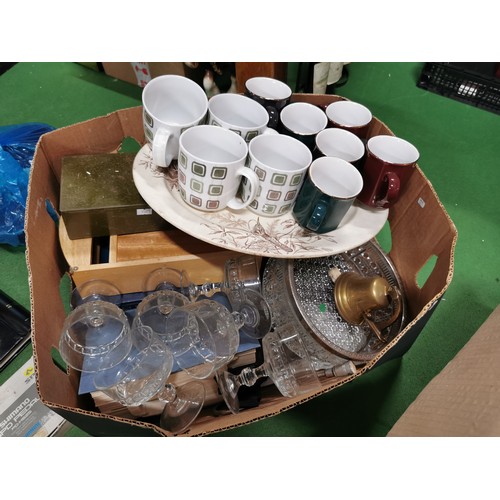 85 - 2x boxes of various odds inc large quantity of china, ceramics and glass inc pair of binoculars by B... 