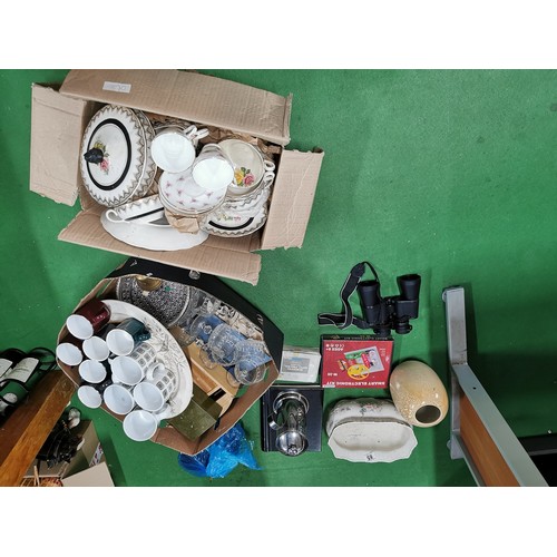 85 - 2x boxes of various odds inc large quantity of china, ceramics and glass inc pair of binoculars by B... 