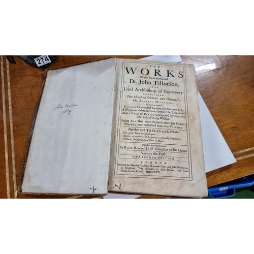 181a - Early Antique book 'The Works of the Most Reverend Dr. John Tillotson'. Dated 1717, Volume 1. Leathe... 