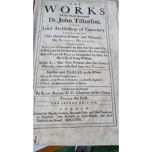 181a - Early Antique book 'The Works of the Most Reverend Dr. John Tillotson'. Dated 1717, Volume 1. Leathe... 