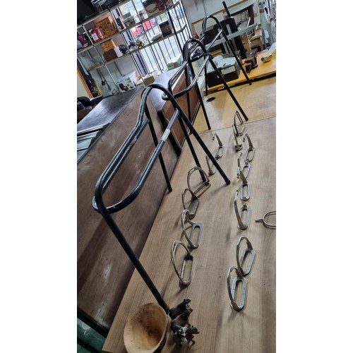 9 - Large quantity of horse equipment inc three legged saddle stands by Shires, along with 7 pairs of st... 