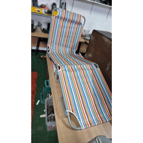 12 - 3x folding sun lounger chairs inc 1 in a retro strippy pattern