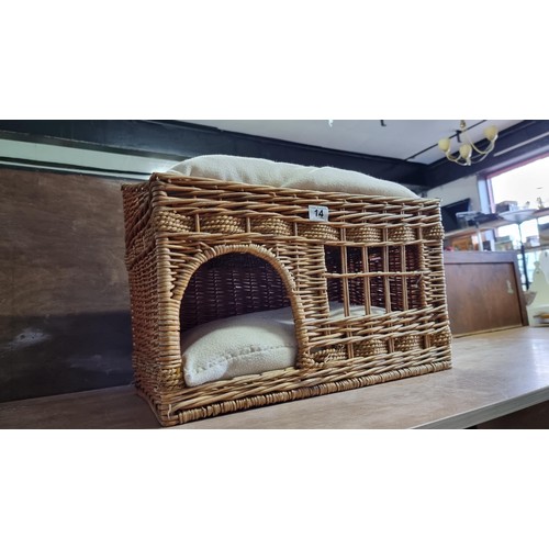 14 - Multi level wicker cat bed / basket with a bed inside and ontop in good condition height 43cm width ... 