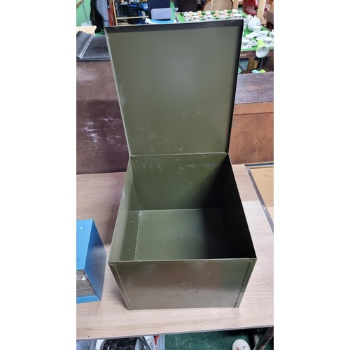 19 - Metal storage box along with a metal organiser box, large metal box measures 29.5cm high, 34cm wide ... 