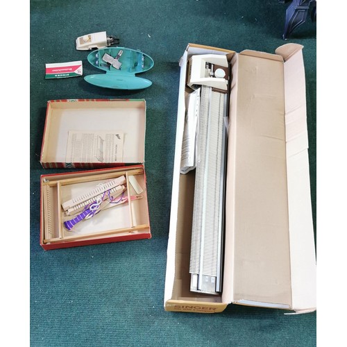 90 - Quantity of knitting and weaving equipment inc a Singer knitting machine, weaving loom etc