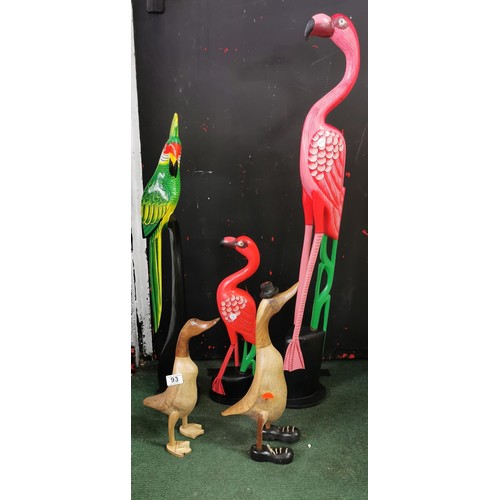 93 - 5x hand carved and hand painted tall wooden figures inc flamingos, parrot and 2x ducks. Tallest meas... 