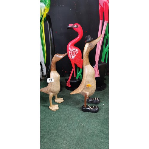 93 - 5x hand carved and hand painted tall wooden figures inc flamingos, parrot and 2x ducks. Tallest meas... 