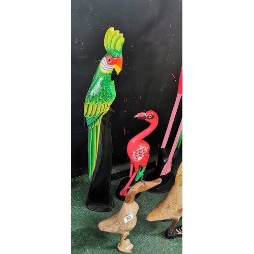 93 - 5x hand carved and hand painted tall wooden figures inc flamingos, parrot and 2x ducks. Tallest meas... 