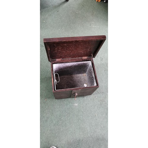 104 - Antique oak coal scuttle box with metal liner inside, some decoration missing on the top otherwise i... 