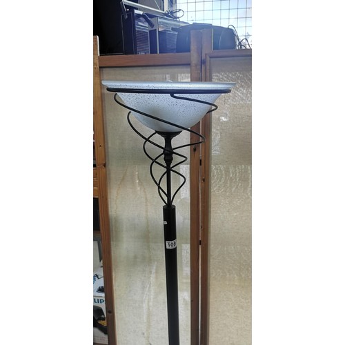 108 - Contemporary tall black metal up-lighter lamp with good quality frosted glass shade