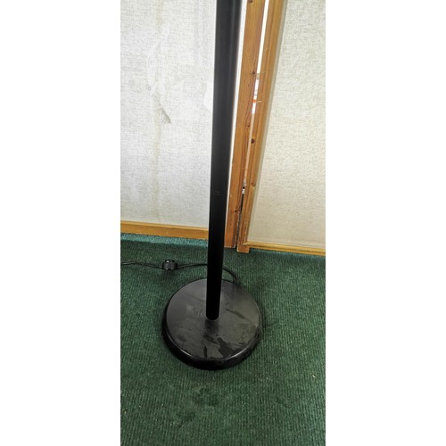 108 - Contemporary tall black metal up-lighter lamp with good quality frosted glass shade