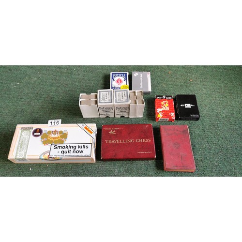 116 - Quantity of vintage and modern playing cards along with a complete travelling car chess set and othe... 