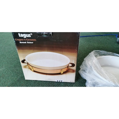 117 - Vintage Tagus copper and ceramic round baker pan in new and unused condition in original box