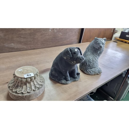 42 - 3x stoneware garden items inc cat and pig figure largest one measures 24cm high 20cm wide