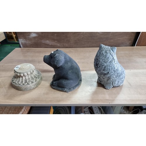 42 - 3x stoneware garden items inc cat and pig figure largest one measures 24cm high 20cm wide