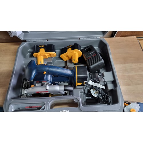 52 - Cased Ryobi multi cordless power tool set inc Circular saw, jigsaw and hammer drill all appear to ha... 