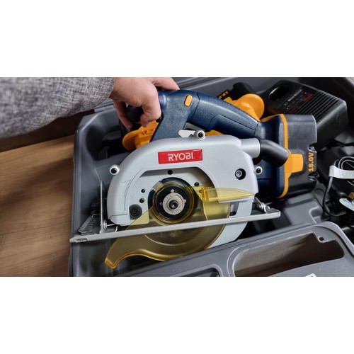 52 - Cased Ryobi multi cordless power tool set inc Circular saw, jigsaw and hammer drill all appear to ha... 