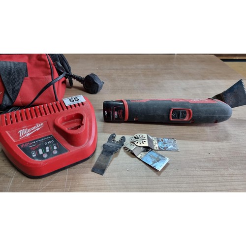 55 - Bagged Milwaukee C12MT cordless multi tool complete with charger and battery
