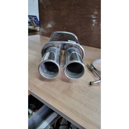 61 - Stainless steel double tail pipe exhaust back box for a sports car complete length 51cm width 22cm i... 