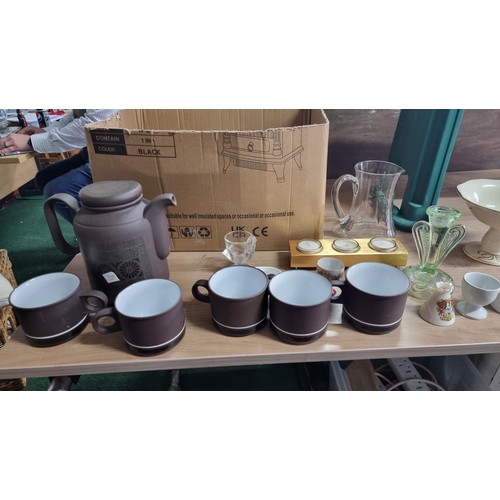 71 - Box of odds inc a Hornsea tea set and gardening stool