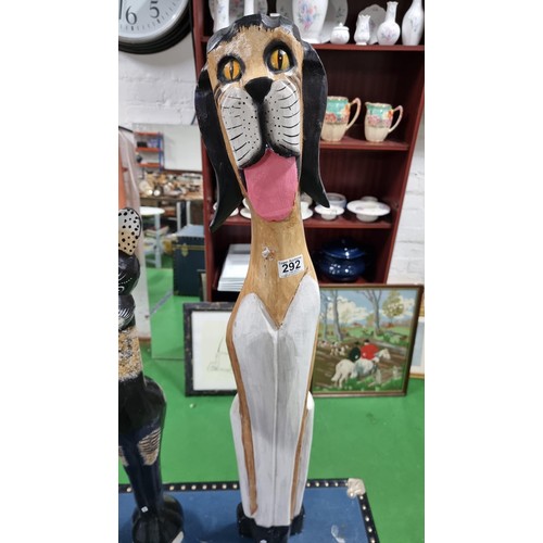 292 - 3x tall wooden carved novelty figures inc a dog, cat and a parrot height of dog 100cm cat 80cm parro... 