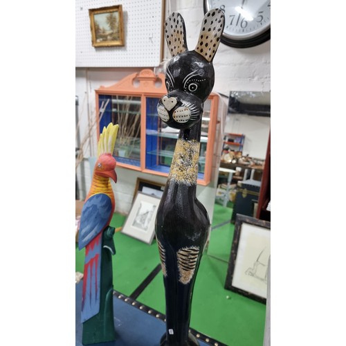 292 - 3x tall wooden carved novelty figures inc a dog, cat and a parrot height of dog 100cm cat 80cm parro... 