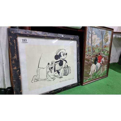 293 - Framed and glazed picture of Mikey Mouse and Pluto Titled society dog show 1939 height of 49cm width... 