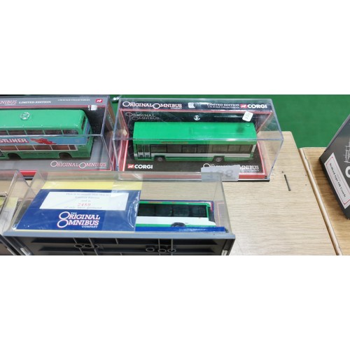 138 - 5x Corgi Original Omnibus buses, 3x are in green, 1x in brown and 1x in Burgandy. New in plastic cas... 