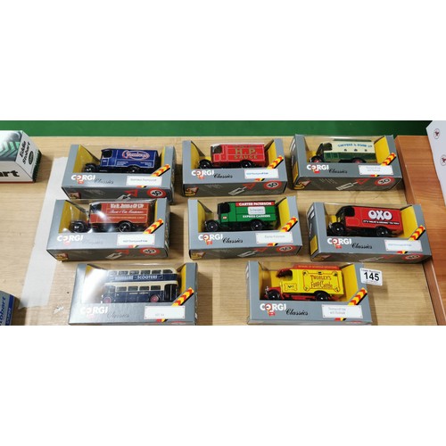 145 - 7x Corgi Classics Diecast trucks and 1x bus, all with advertisements and are all new in original box... 