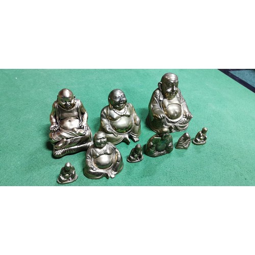 190 - Quantity of 9x laughing buddha figures (8x are brass and 1x is resin) showing good details. Measures... 