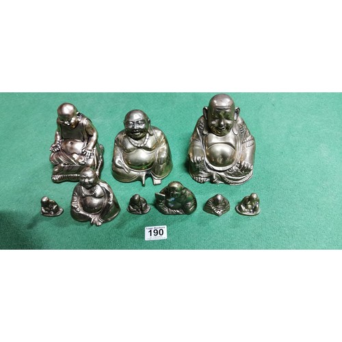 190 - Quantity of 9x laughing buddha figures (8x are brass and 1x is resin) showing good details. Measures... 