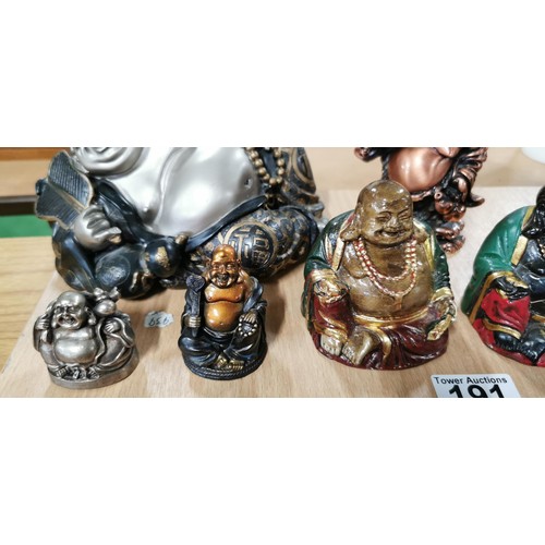 191 - 6x laughing buddha figures (5x are resin and 1x is metal) with intricate detail. Largest measures 10... 