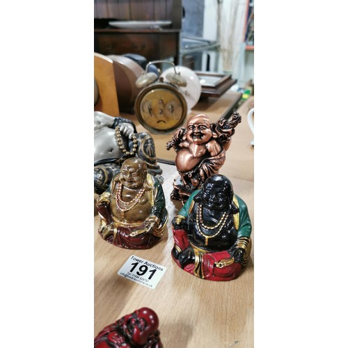 191 - 6x laughing buddha figures (5x are resin and 1x is metal) with intricate detail. Largest measures 10... 