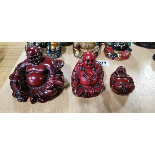 192 - 9x Cinnabar resin laughing buddha figures with intricate details and various poses. Measures 8cm hei... 