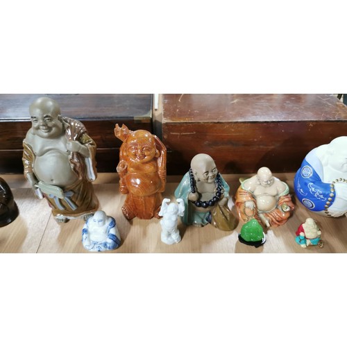 194 - 11x laughing Buddha figures made from various materials inc solid wood, Jade, ceramic and resin etc.... 