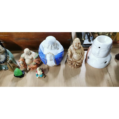 194 - 11x laughing Buddha figures made from various materials inc solid wood, Jade, ceramic and resin etc.... 