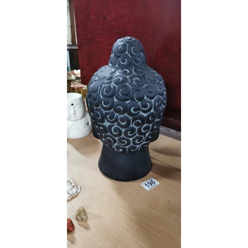 196 - Large black ceramic Buddha head. Head measures 30cm