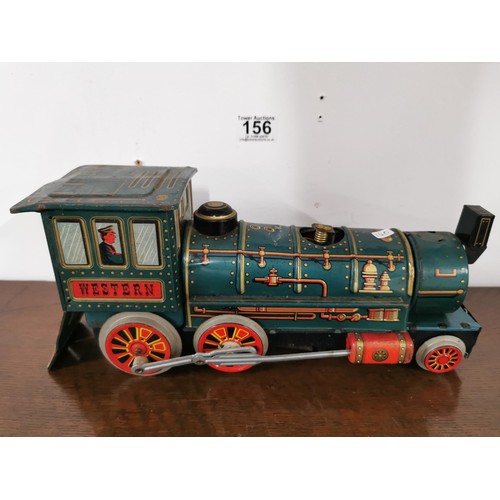 156 - Vintage Western battery powered tin plate locomotive in good overall condition by Modern Toys, Japan... 