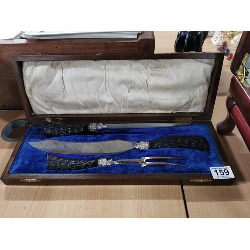 159 - Vintage cased carving set with bone handles in a blue velvet fitted case , case has a blank plaque 5... 