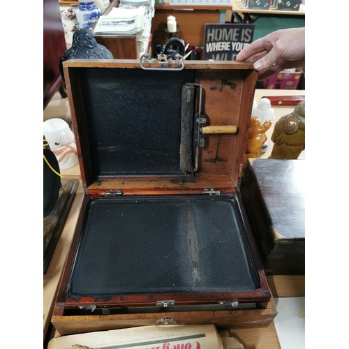 165 - Vintage printing press in wooden box along with a brass banded oak writing slope, needs some light r... 