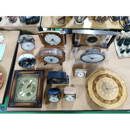 167 - Quantity of various vintage clocks inc Metamec, Smiths etc along with 2x travel clocks