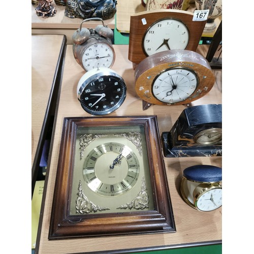 167 - Quantity of various vintage clocks inc Metamec, Smiths etc along with 2x travel clocks