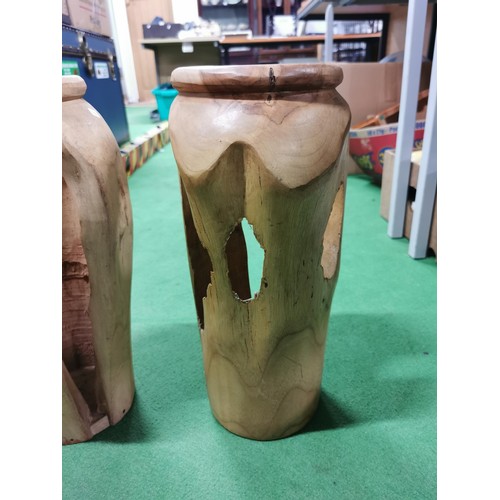 171 - 2x large well carved wooden vases in a natural design along with a buddha carved into half a log. La... 