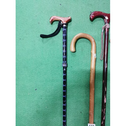 177 - 4x various walking sticks 3x in wood and 1x collapsible metal