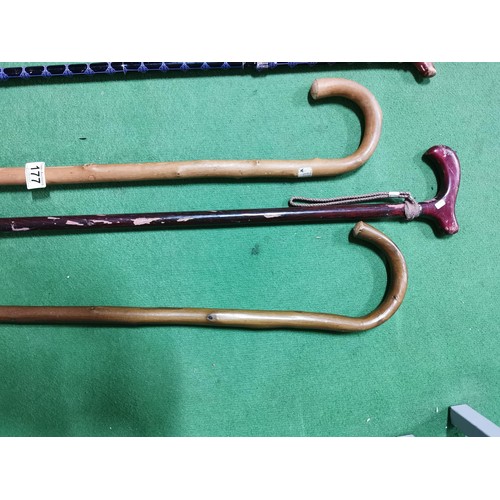 177 - 4x various walking sticks 3x in wood and 1x collapsible metal