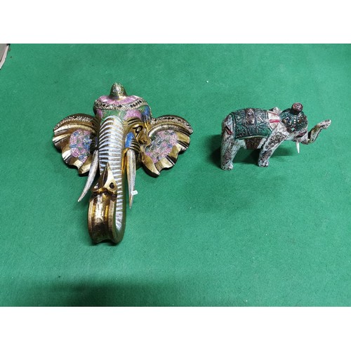 184 - 2x very ornate hand painted and decorated wooden carved figures of a standing elephant and a gold pa... 