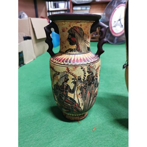 188 - Set of 3x Greek style pottery pieces inc 2x jugs and tall vase with a decorative hand painted design... 